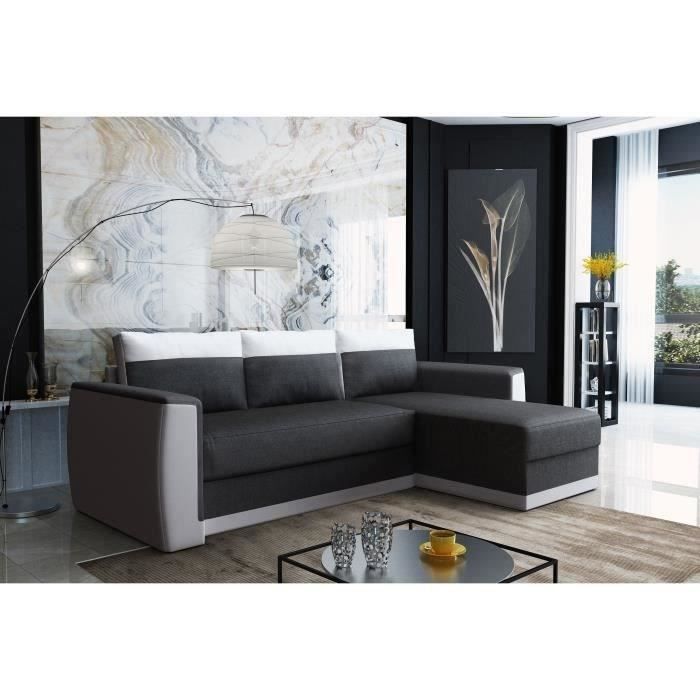 Canapé d'angle convertible 3 places JAMES- Simili blanc et tissu gris anthracite - Contemporain - L 230 x P 142 cm