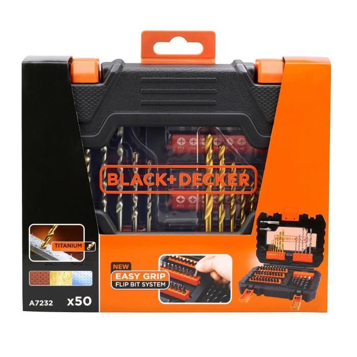 Coffret Perçage Vissage BLACK+DECKER - A7232-XJ - 50 Accessoires - Forets, Embouts, Fraise