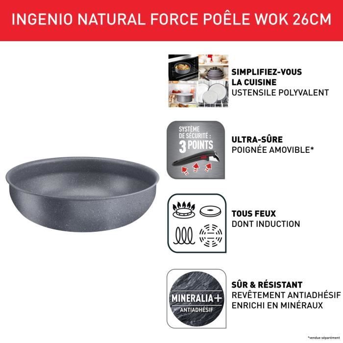 TEFAL INGENIO Natural Force Wok 26 cm, Induction, Antiadhésif, Empilable, Compatible lave-vaisselle, Fabriqué en France L3967702