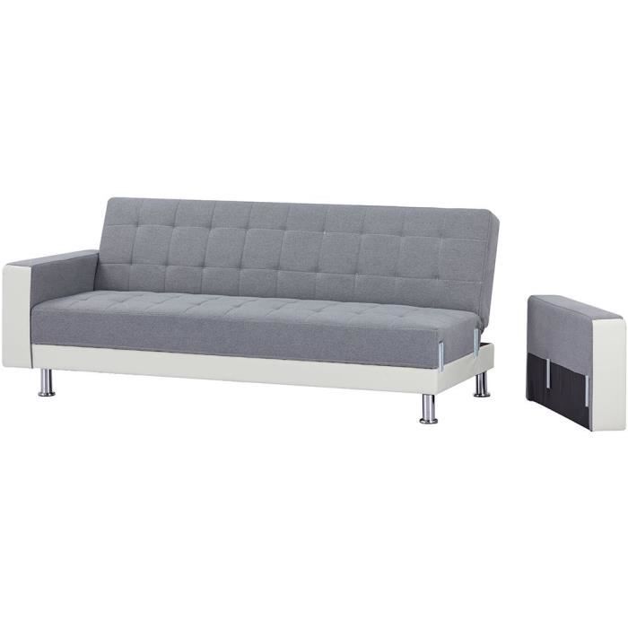 Canapé Droit Clic clac convertible 3 places IVANA - Tissu et PU Gris foncé et blanc - Style contemporain - L 208 x P 86 x H 80 cm