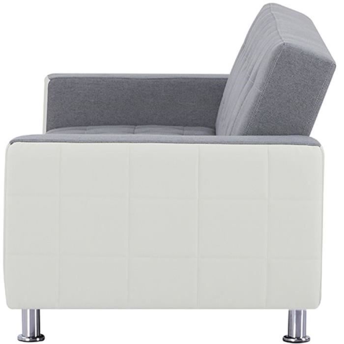 Canapé Droit Clic clac convertible 3 places IVANA - Tissu et PU Gris foncé et blanc - Style contemporain - L 208 x P 86 x H 80 cm