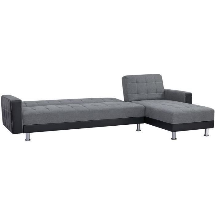 Canapé d'angle 3 places réversible - Tissu gris et simili noir - Pieds en acier - L 277 x P 157 x H 80 cm - IVANA