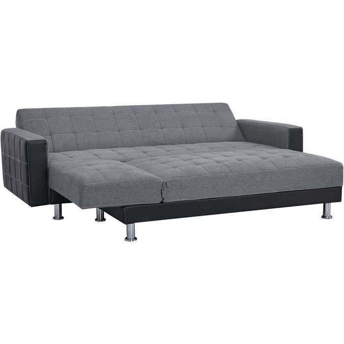 Canapé d'angle 3 places réversible - Tissu gris et simili noir - Pieds en acier - L 277 x P 157 x H 80 cm - IVANA