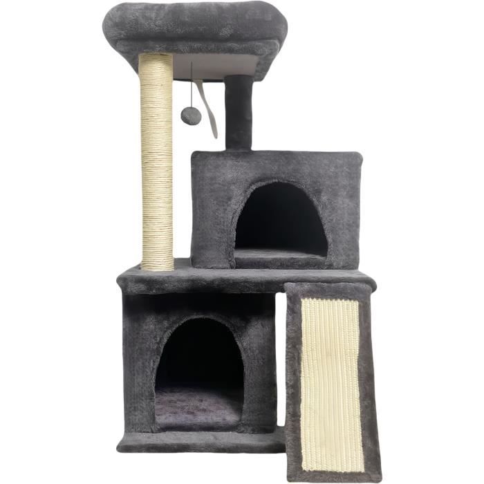 FLOPI Arbre a chat gris foncé- 44,5 x 48 x 86 cm - Gris foncé - 1 plateforme, 1 balle de jeu, 2 niches, 1 rampe