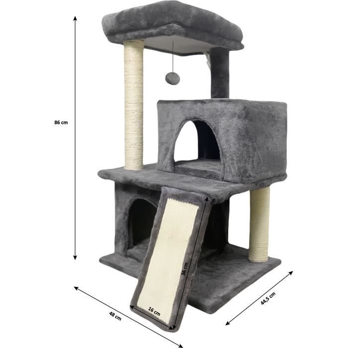 FLOPI Arbre a chat gris foncé- 44,5 x 48 x 86 cm - Gris foncé - 1 plateforme, 1 balle de jeu, 2 niches, 1 rampe