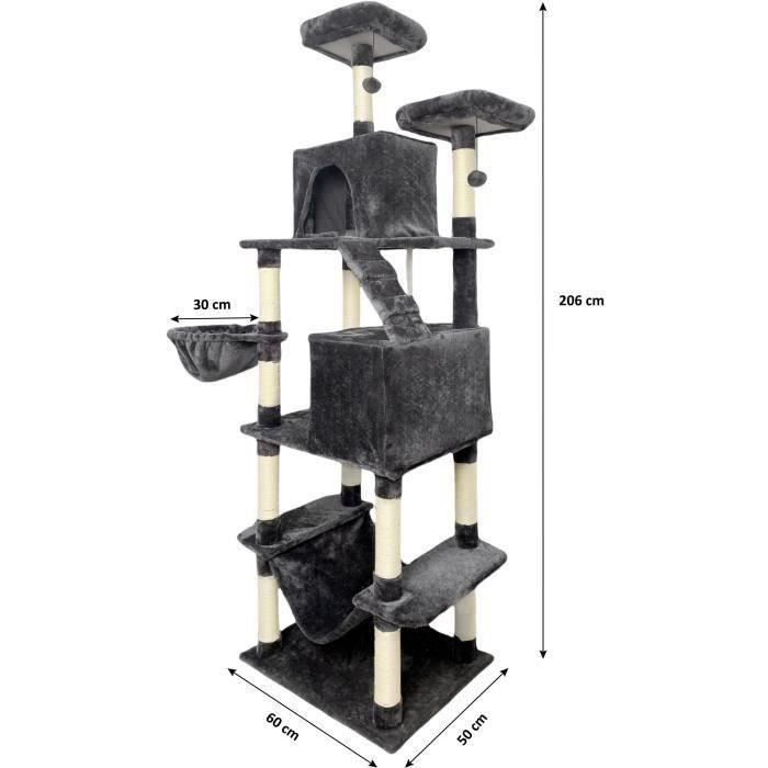 TAYLOR Arbre a chat - 60 x 50 x 206 cm - Gris foncé -  2 plateformes, 1 perchoir, 2 cabanes, 1 hamac