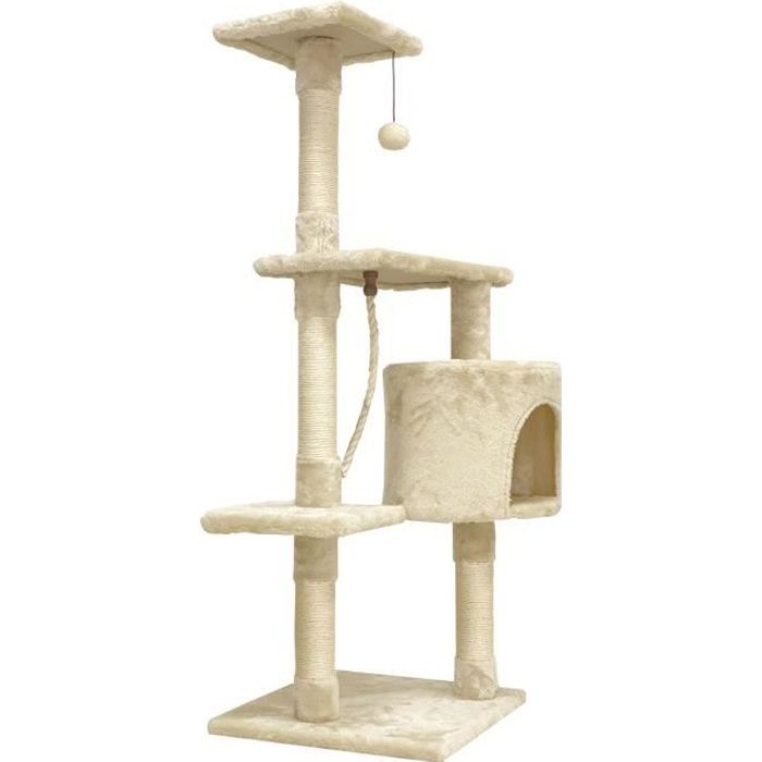 PALOMA Arbre a chat beige 40 x 40 x 114cm -  3 plateformes, 1 corde, 1 niche , poteaux a griffer