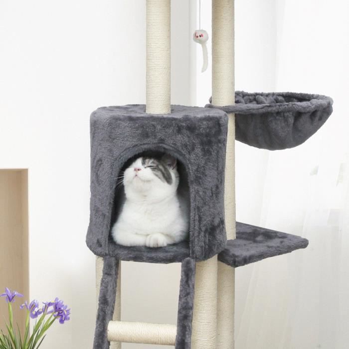 JIPSY Arbre a chat gris 79 x 34 x 138 cm - 3 plateformes, 1 perchoir, 1 niche,  1 escalier, poteaux a griffer