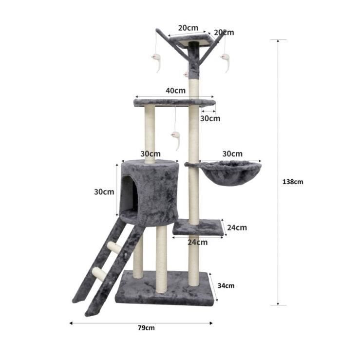 JIPSY Arbre a chat gris 79 x 34 x 138 cm - 3 plateformes, 1 perchoir, 1 niche,  1 escalier, poteaux a griffer