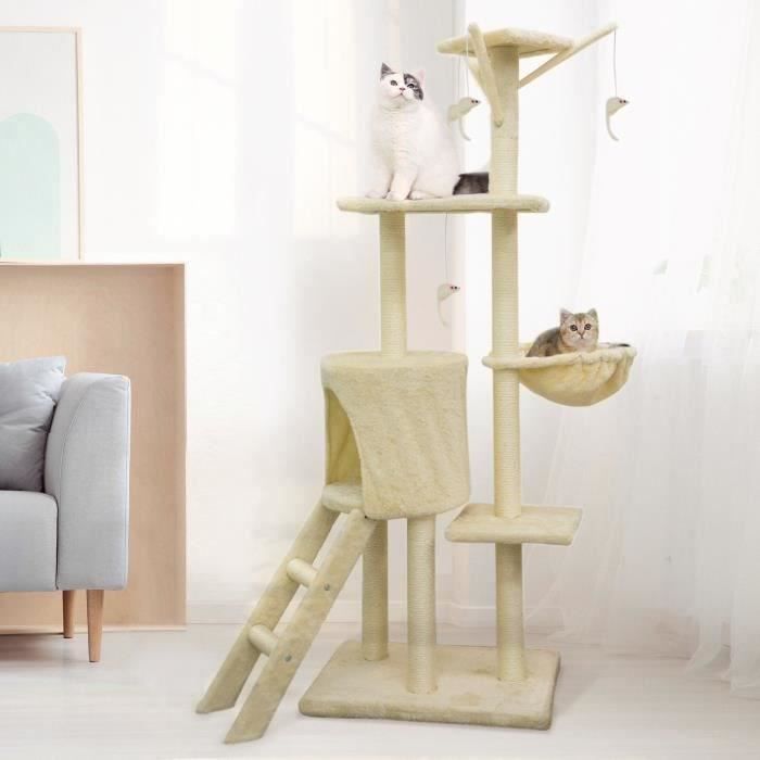 JIPSY Arbre a chat beige 79 x 34 x 138 cm - 3 plateformes, 1 perchoir, 1 niche,  1 escalier, poteaux a griffer