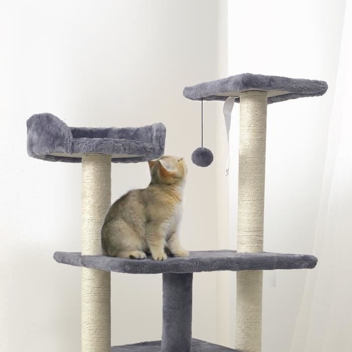 ROMY Arbre a chat gris 60 x 40 x 95cm - 3 plateformes, 1 niche poteaux a griffer