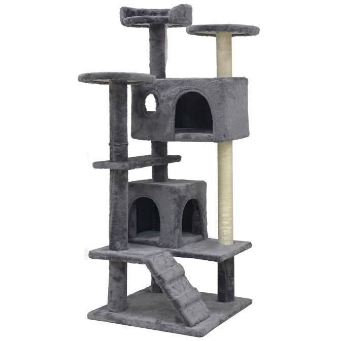 SUZI - Arbre a chat gris 50 x 50 x 125 cm 5 plateformes  2 niches  1 escalier et poteaux a griffer