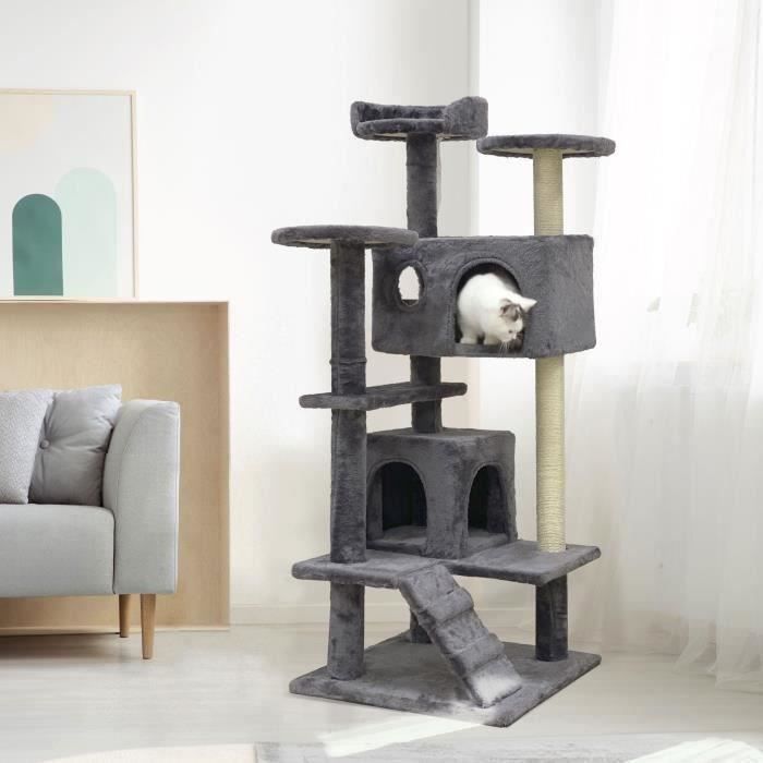 SUZI - Arbre a chat gris 50 x 50 x 125 cm 5 plateformes  2 niches  1 escalier et poteaux a griffer