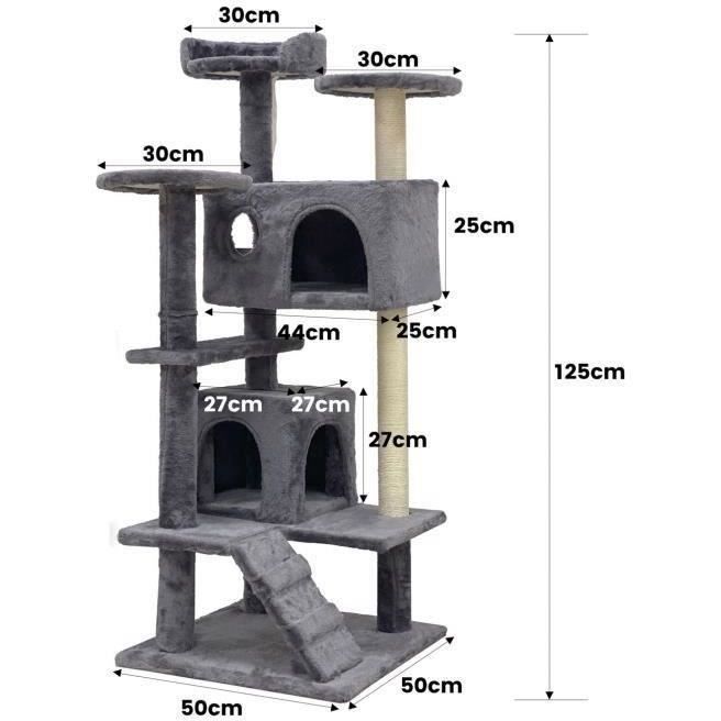 SUZI - Arbre a chat gris 50 x 50 x 125 cm 5 plateformes  2 niches  1 escalier et poteaux a griffer