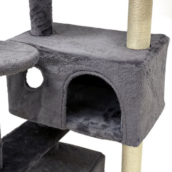 SUZI - Arbre a chat gris 50 x 50 x 125 cm 5 plateformes  2 niches  1 escalier et poteaux a griffer