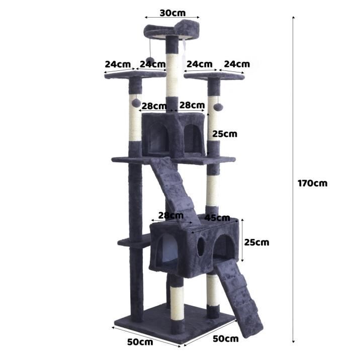 BILLY Arbre a chat gris foncé 50 x 50 x 170 cm -  5 plateformes, 2 escaliers, 2 niches, porteaux a griffer