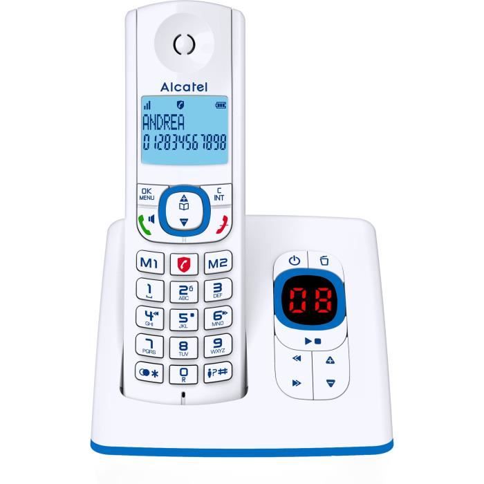 Téléphone sans fil - ALCATEL - F530 Voice - Répondeur, blocage d'appels, mains libres, 2 mémoires directes, Blanc/Bleu