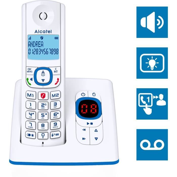 Téléphone sans fil - ALCATEL - F530 Voice - Répondeur, blocage d'appels, mains libres, 2 mémoires directes, Blanc/Bleu