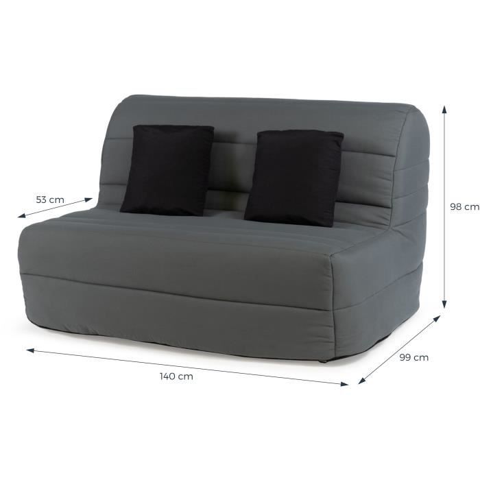 Banquette BZ Dunlopillo - Tissu Gris - 140 x 190 cm - Matelas 12cm - 2 coussins noir