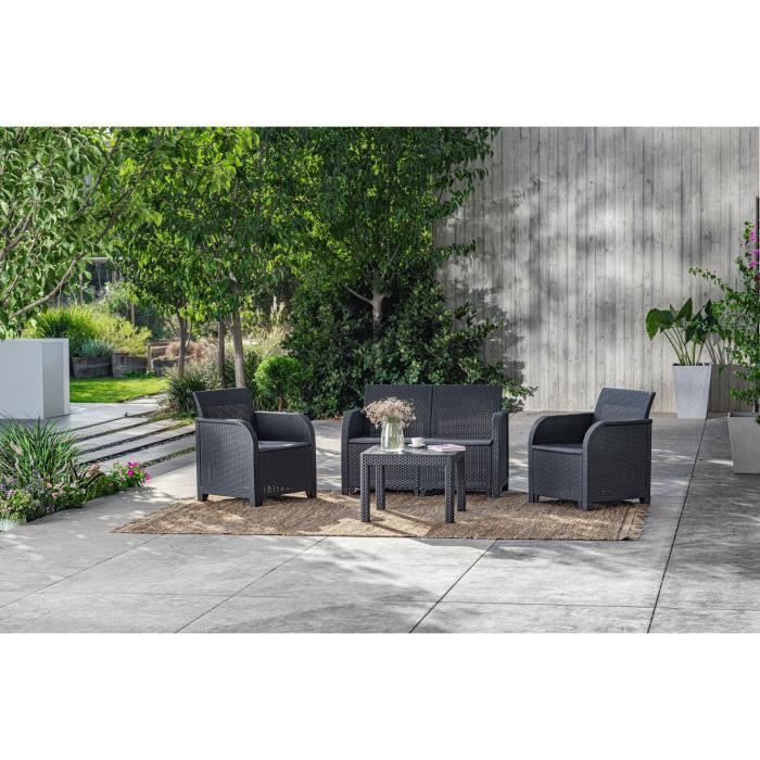 Salon de jardin avec coussins - en résine imitation rotin tressé coloris gris graphite - Allibert by KETER - 4 personnes - SANREMO