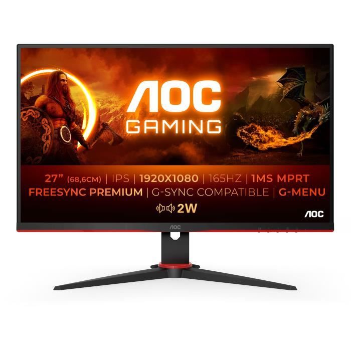 AOC Gaming 27G2SPAE - Écran 27'' FHD IPS, 165 Hz, 1 ms MPRT, FreeSync premium, G-Sync Compatible, Haut-Parleur, HDMI/DP/VGA