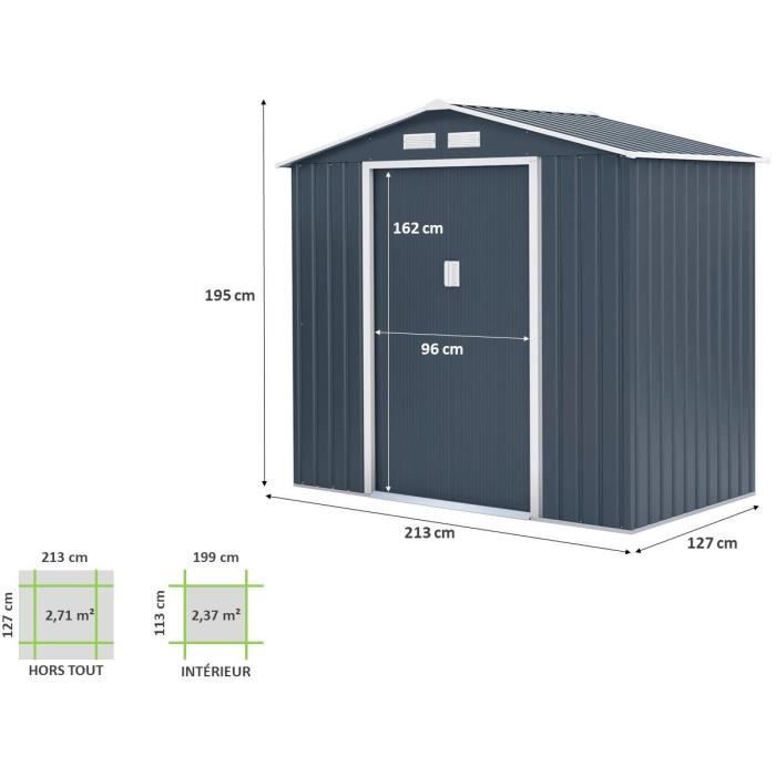 Abri de jardin en métal 2,71 m²  - 213 x 127 x 195 cm - Kit d'ancrage inclus - Gris