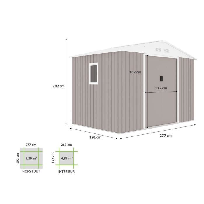 Abri de jardin en métal 5,29 m² - Kit d'ancrage inclus - Taupe