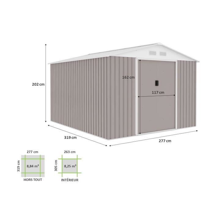 Abri de jardin en métal 8,84 m² - 277 x 319 x 202 cm - Kit d'ancrage inclus - Taupe