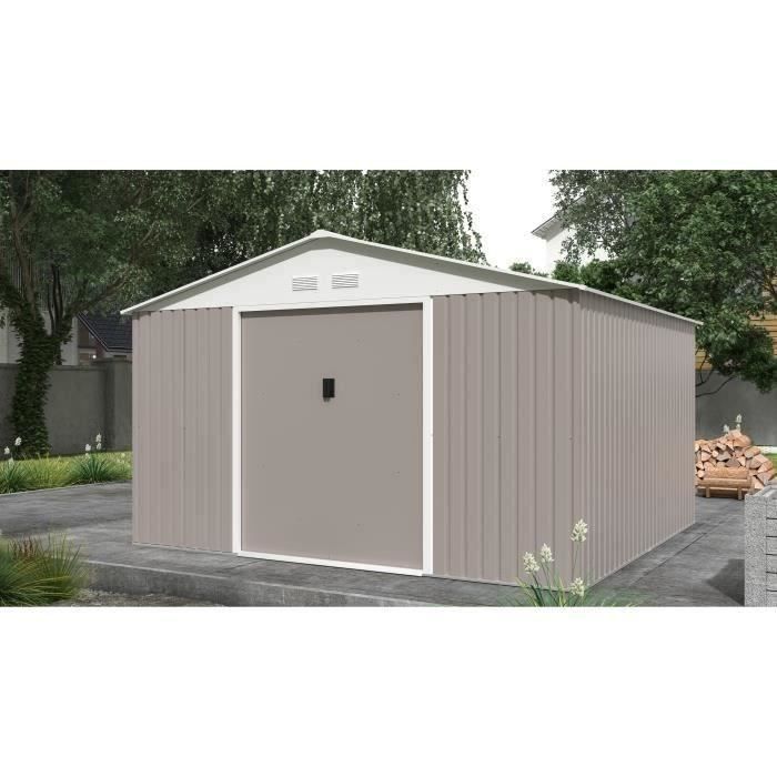 Abri de jardin en métal 10,85 m² - 340 x 319 x 210 cm - Kit d'ancrage inclus - Taupe