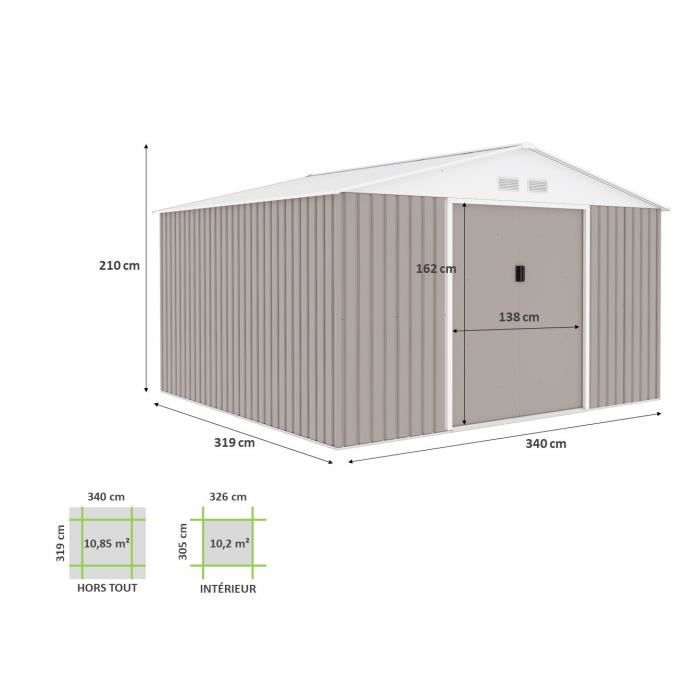 Abri de jardin en métal 10,85 m² - 340 x 319 x 210 cm - Kit d'ancrage inclus - Taupe