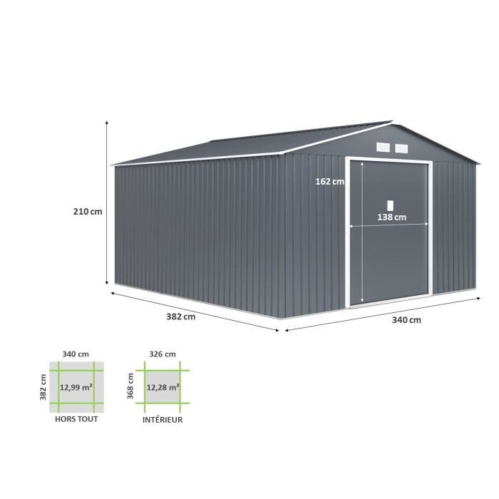 Abri de jardin en métal 12,99 m² - 340 x 382 x 210 cm - Kit d'ancrage inclus - Gris