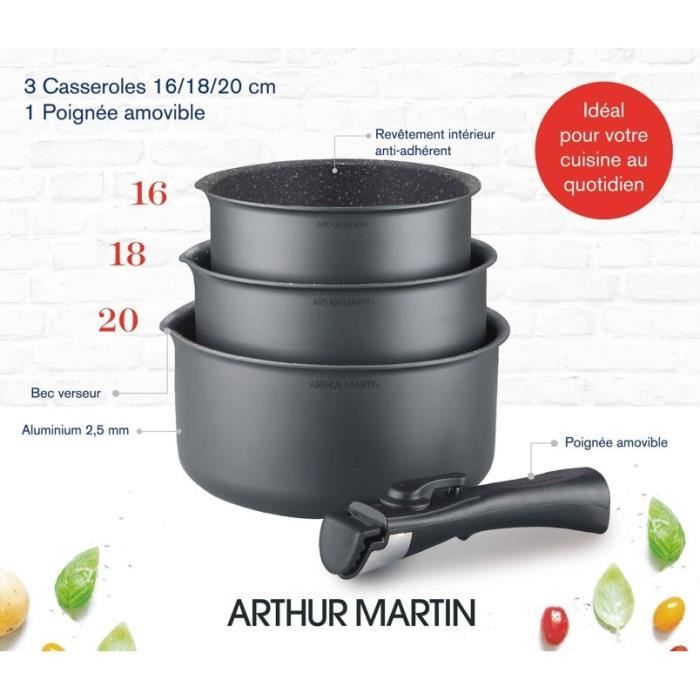 Set de 3 casseroles Gris Mat 16-18-20 cm + 1 poignée amovible - Aluminium  Revetement anti-adhésif - Tous feux dont induction