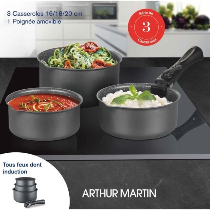 Set de 3 casseroles Gris Mat 16-18-20 cm + 1 poignée amovible - Aluminium  Revetement anti-adhésif - Tous feux dont induction