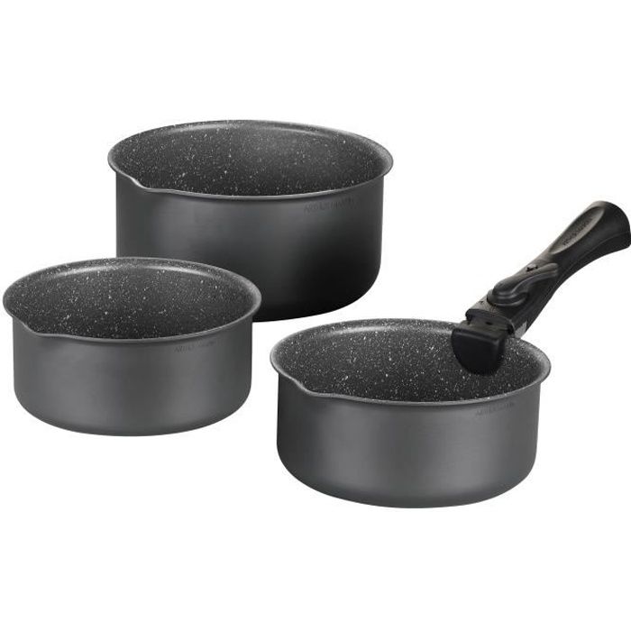 Set de 3 casseroles Gris Mat 16-18-20 cm + 1 poignée amovible - Aluminium  Revetement anti-adhésif - Tous feux dont induction