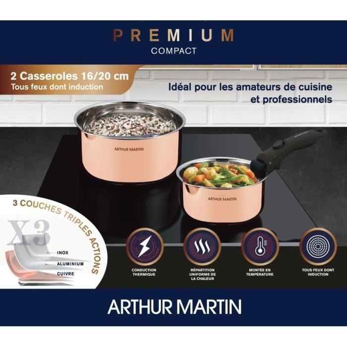 2 casseroles 16-20 cm + 1 poignée - ARTHUR MARTIN - AM720GT - 3 couches triple action - Tous feux dont induction