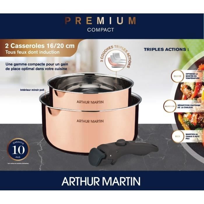 2 casseroles 16-20 cm + 1 poignée - ARTHUR MARTIN - AM720GT - 3 couches triple action - Tous feux dont induction