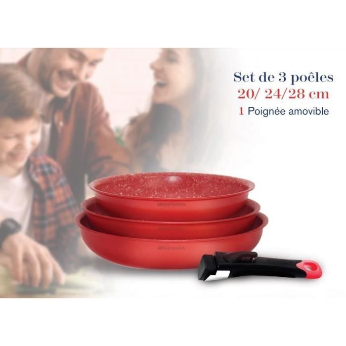 Batterie de cuisine - ARTHUR MARTIN - AMR37 - Set de 3 poeles - 20-24-28 cm + 1 poignée amovible - Tous feux dont induction