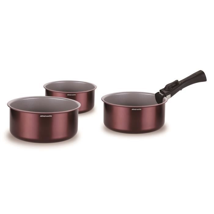 Set de 3 casseroles - ARTHUR MARTIN - AM1088 - Tout feux dont induction - 16/18/20 cm + 1 poignée amovible - Aluminium