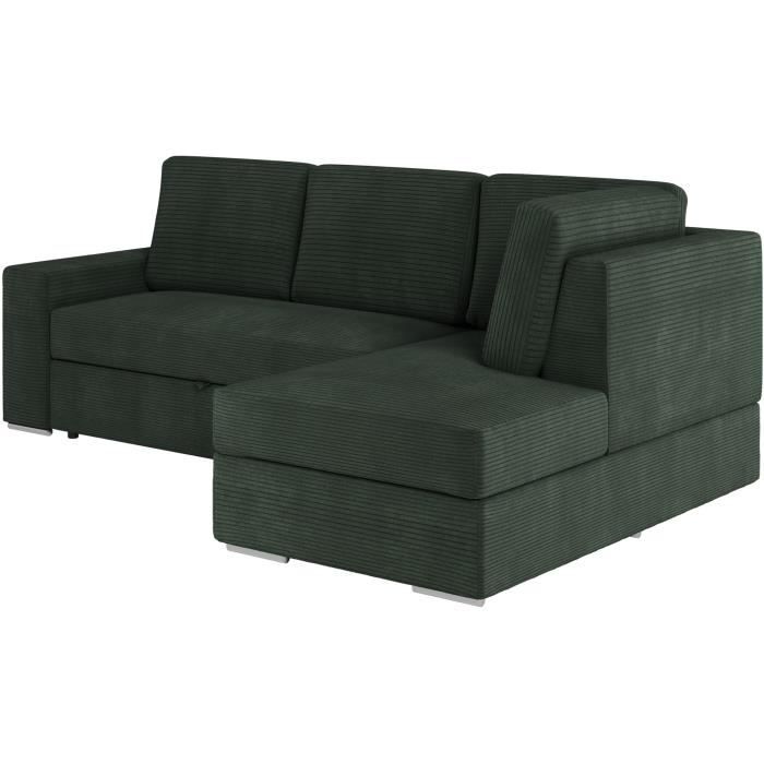 Canapé d'angle droit convertible ARTEMIS 4 places - Velours côtelé vert foncé - L246 x P174 x H96 cm