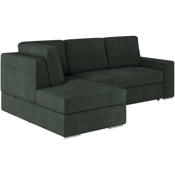 Canapé d'angle gauche convertible ARTEMIS 4 places - Velours côtelé vert foncé - L246 x P174 x H96 cm