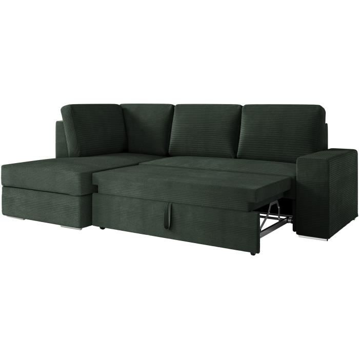 Canapé d'angle gauche convertible ARTEMIS 4 places - Velours côtelé vert foncé - L246 x P174 x H96 cm