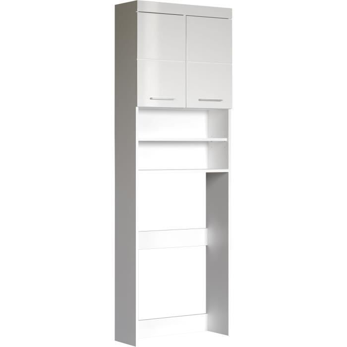 Meuble rangement dessus machine a laver AMANDA - 2 portes - Blanc brillant - L63 x P24 x H187 cm