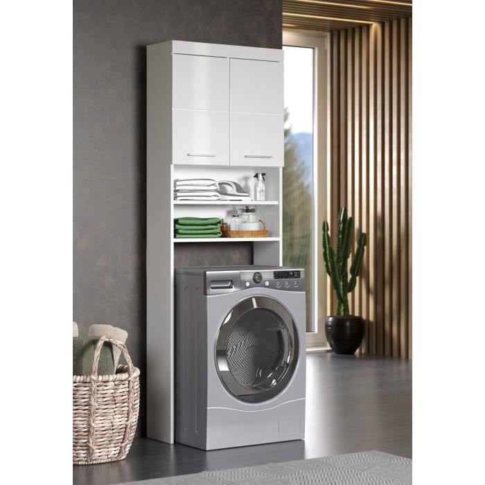 Meuble rangement dessus machine a laver AMANDA - 2 portes - Blanc brillant - L63 x P24 x H187 cm