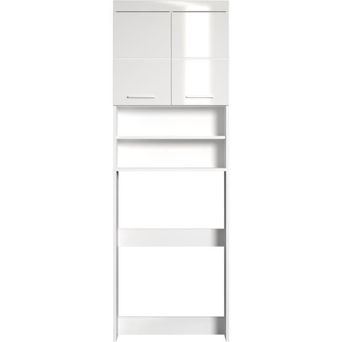 Meuble rangement dessus machine a laver AMANDA - 2 portes - Blanc brillant - L63 x P24 x H187 cm