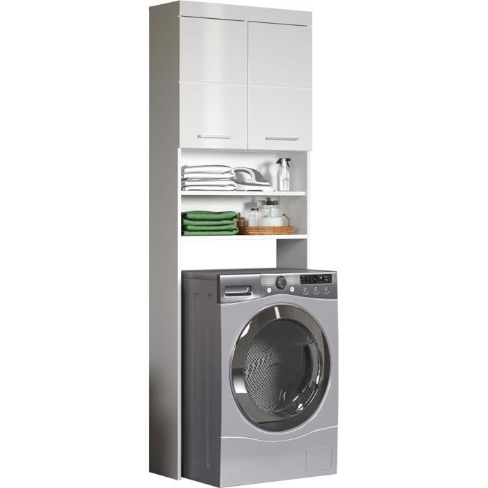 Meuble rangement dessus machine a laver AMANDA - 2 portes - Blanc brillant - L63 x P24 x H187 cm