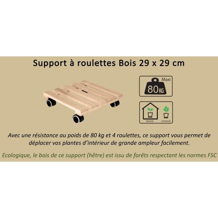 Support a Roulettes - EDA PLASTIQUE - Carré 29x29cm en Bois de hetre - Hauteur 8cm