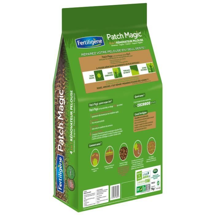 Engrais gazon - FERTILIGENE - Patch Magic - Formule 4 en 1 - Mix de 3 semences - Levée rapide