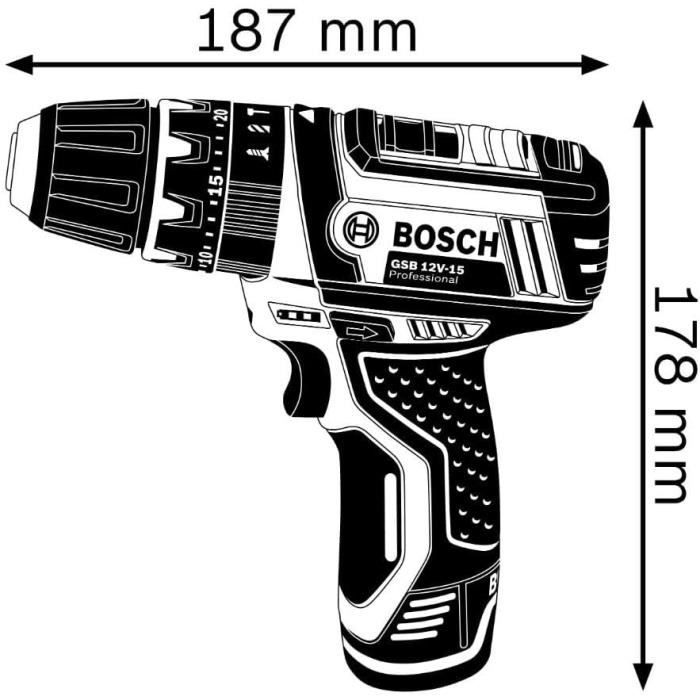 Perceuse a percussion Bosch Professional GSB 12V-15 + 2 batteries 2,0Ah + Chargeur AL 12V-20 - 06019B690H