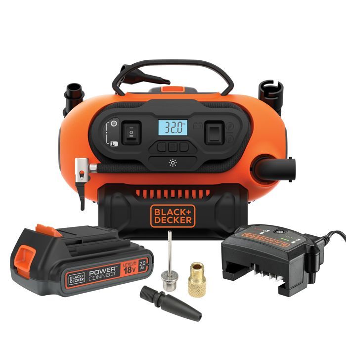 Gonfleur-Compresseur Filaire ou sans-fil 18V / 220V BLACK+DECKER - 11 barss/160 PSI (Livré avec 3 Aiguilles) - BDCINF18N-QS