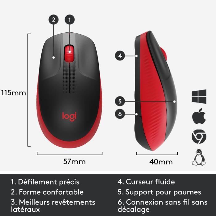 Souris sans fil ergonomique - Logitech - M190 - Rouge